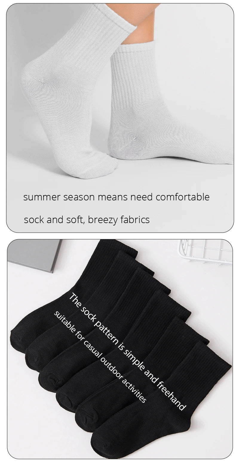 6/12 Pairs Middle Tube Socks For Men And Women Solid Colour In White and Black Fashion Sweat Absorption Breathable and Casual