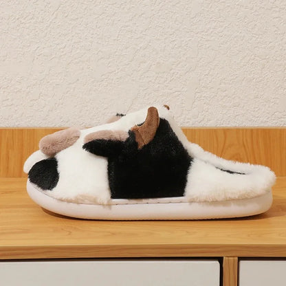Winter Unisex Cartoon Cow Warm Plush Slippers Couple's Indoor Non-slip House Slides Men And Women Toe Wrap Home Cotton Shoes