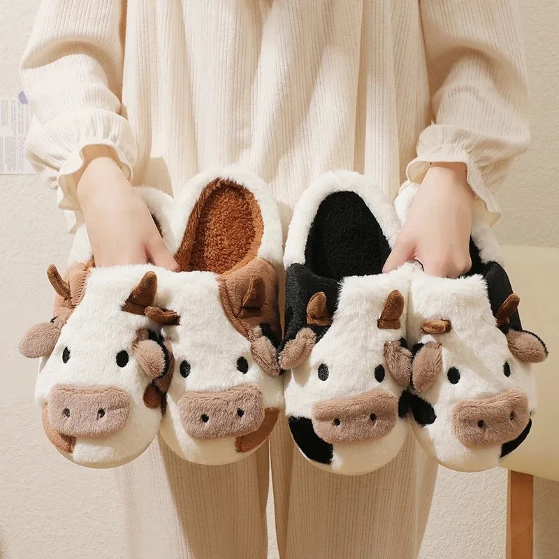 Winter Unisex Cartoon Cow Warm Plush Slippers Couple's Indoor Non-slip House Slides Men And Women Toe Wrap Home Cotton Shoes