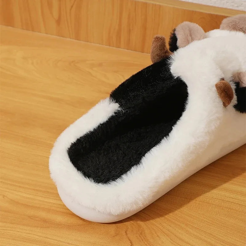 Winter Unisex Cartoon Cow Warm Plush Slippers Couple's Indoor Non-slip House Slides Men And Women Toe Wrap Home Cotton Shoes