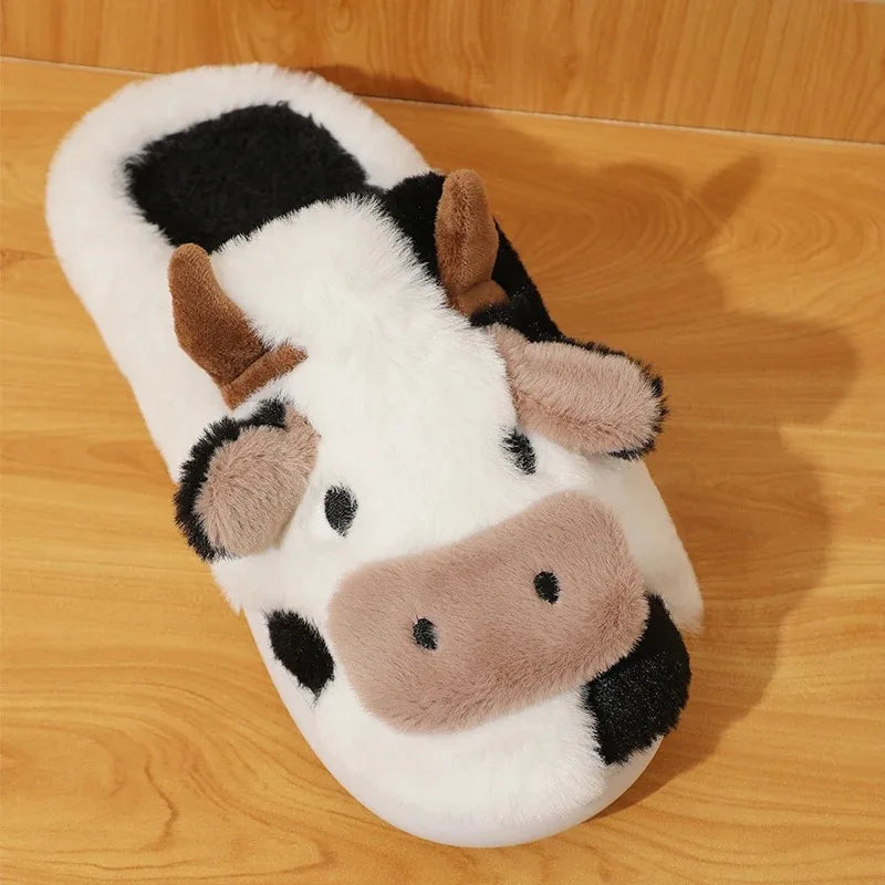 Winter Unisex Cartoon Cow Warm Plush Slippers Couple's Indoor Non-slip House Slides Men And Women Toe Wrap Home Cotton Shoes