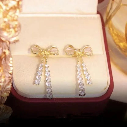 Temperament Bowknot Dangle Stud Earrings For Women Chic Gold Color Shiny Rhinestone Long Earrings Fashion Trendy Jewelry
