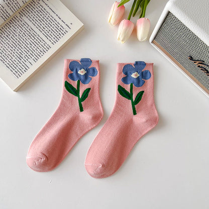 1 Pair Women Socks Japanese Korean Style Cartoon Flower Candy Color Harajuku Kawaii Mid Tube Socks Breathable Casual Short Socks